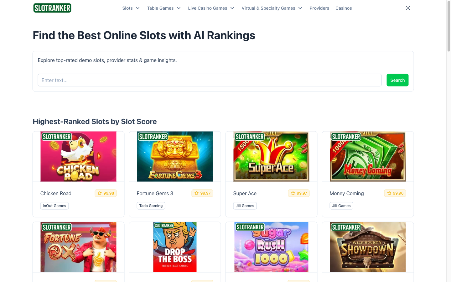 SlotRanker homepage in November 2025 — refreshed branding, AI-ranked slot grid